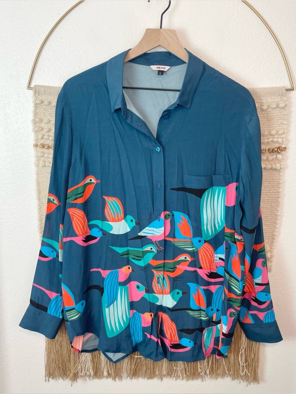 The Kit Colorful Bir Button Down Long Sleeve Blouse Size L